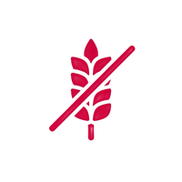 A dark pink icon of a wheat stalk with a diagonal slash through it, centered on a solid white background.