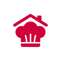 A dark red icon depicting a chef's hat with a house roof on top, centered on a plain white background.