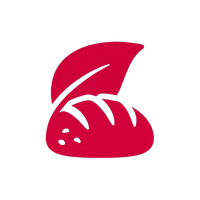 A stylized red icon of a loaf of bread with a leaf above it on a plain white background.